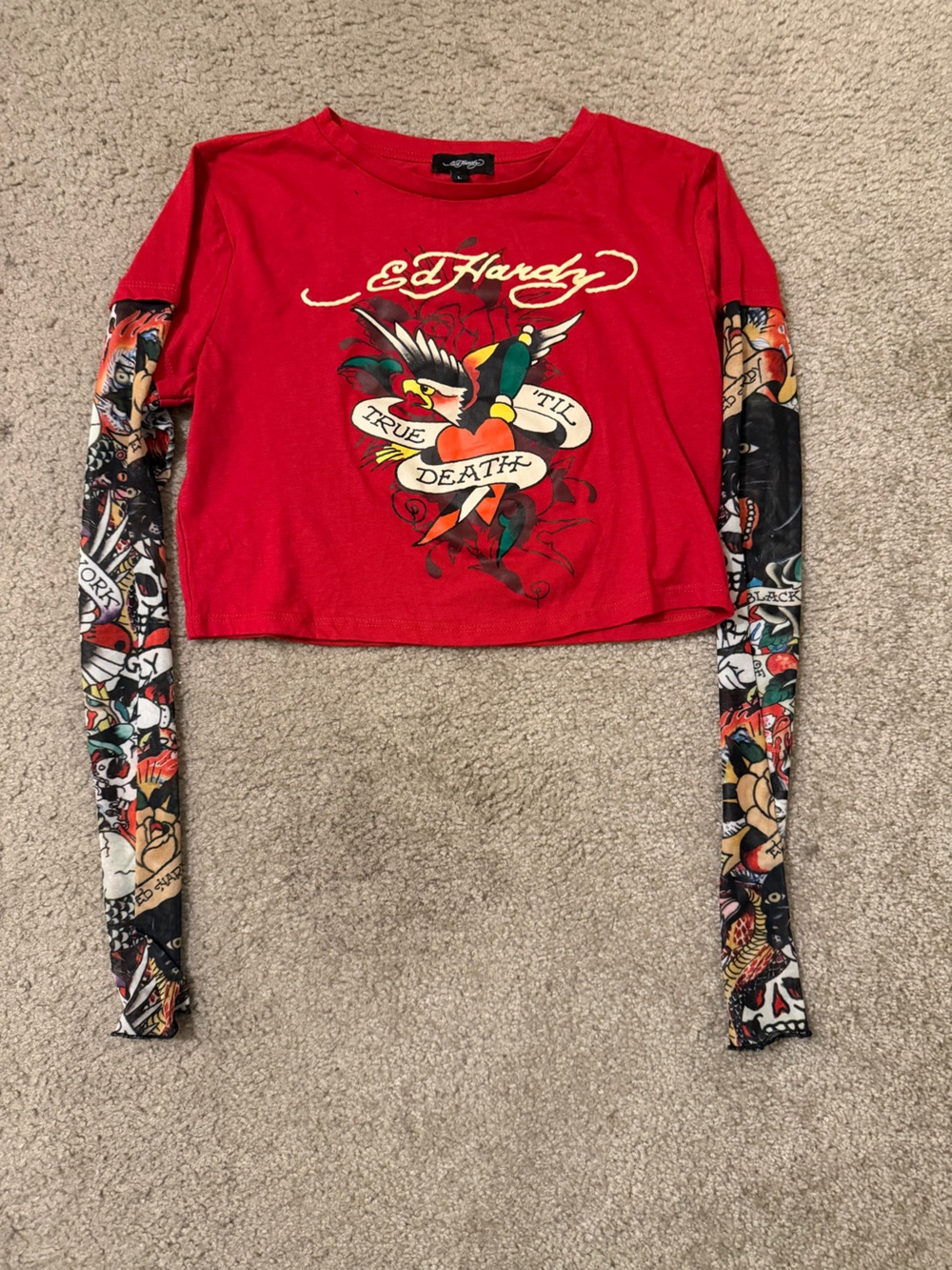 Ed Hardy Red Crop Top with Tattoo-Print Mesh Sleeves